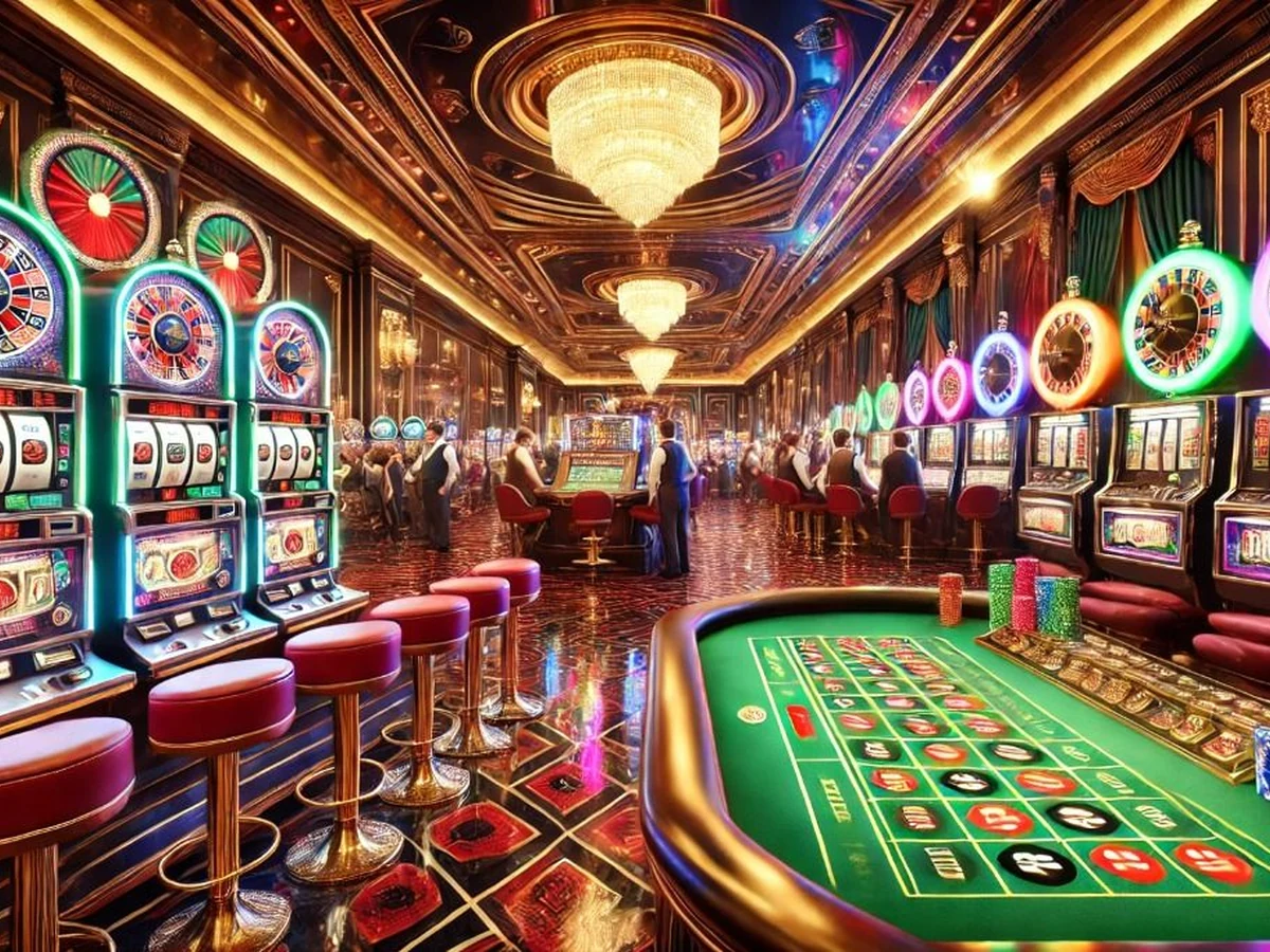 Layar video slot dengan reel, simbol scatter, dan efek visual bertema